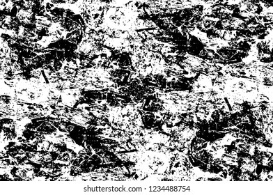 Grunge overlay layer. Abstract black and white vector background. Monochrome vintage surface with dirty pattern in cracks, spots, dots. Old wall in dark horror style design