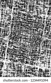 Grunge overlay layer. Abstract black and white vector background. Monochrome vintage surface with dirty pattern in cracks, spots, dots. Old wall in dark horror style design