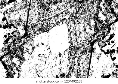 Grunge overlay layer. Abstract black and white vector background. Monochrome vintage surface with dirty pattern in cracks, spots, dots. Old wall in dark horror style design