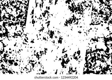 Grunge overlay layer. Abstract black and white vector background. Monochrome vintage surface with dirty pattern in cracks, spots, dots. Old wall in dark horror style design