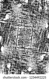 Grunge overlay layer. Abstract black and white vector background. Monochrome vintage surface with dirty pattern in cracks, spots, dots. Old wall in dark horror style design