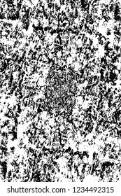 Grunge overlay layer. Abstract black and white vector background. Monochrome vintage surface with dirty pattern in cracks, spots, dots. Old wall in dark horror style design