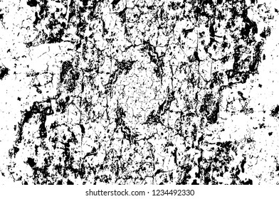 Grunge overlay layer. Abstract black and white vector background. Monochrome vintage surface with dirty pattern in cracks, spots, dots. Old wall in dark horror style design