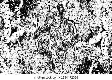 Grunge overlay layer. Abstract black and white vector background. Monochrome vintage surface with dirty pattern in cracks, spots, dots. Old wall in dark horror style design