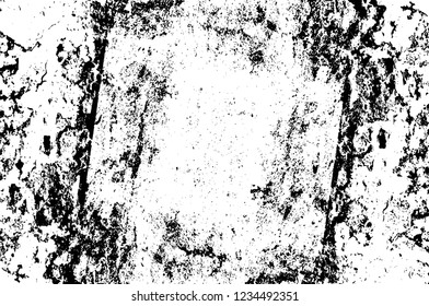 Grunge overlay layer. Abstract black and white vector background. Monochrome vintage surface with dirty pattern in cracks, spots, dots. Old wall in dark horror style design