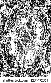Grunge overlay layer. Abstract black and white vector background. Monochrome vintage surface with dirty pattern in cracks, spots, dots. Old wall in dark horror style design
