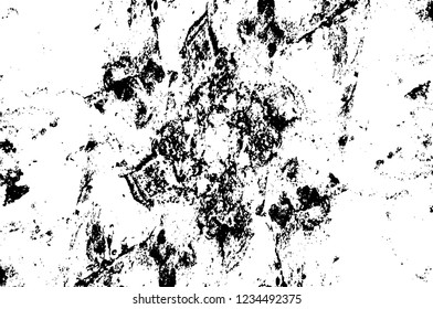 Grunge overlay layer. Abstract black and white vector background. Monochrome vintage surface with dirty pattern in cracks, spots, dots. Old wall in dark horror style design