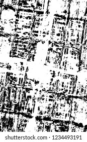 Grunge overlay layer. Abstract black and white vector background. Monochrome vintage surface with dirty pattern in cracks, spots, dots. Old wall in dark horror style design