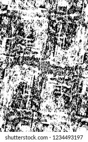 Grunge overlay layer. Abstract black and white vector background. Monochrome vintage surface with dirty pattern in cracks, spots, dots. Old wall in dark horror style design