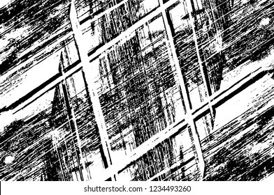 Grunge overlay layer. Abstract black and white vector background. Monochrome vintage surface with dirty pattern in cracks, spots, dots. Old wall in dark horror style design