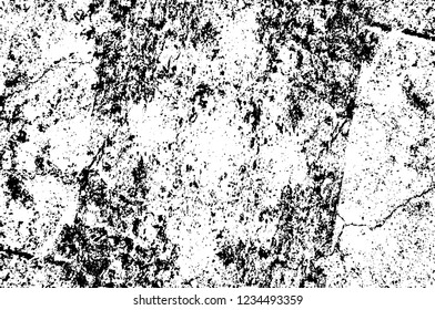 Grunge overlay layer. Abstract black and white vector background. Monochrome vintage surface with dirty pattern in cracks, spots, dots. Old wall in dark horror style design