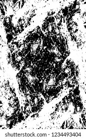 Grunge overlay layer. Abstract black and white vector background. Monochrome vintage surface with dirty pattern in cracks, spots, dots. Old wall in dark horror style design