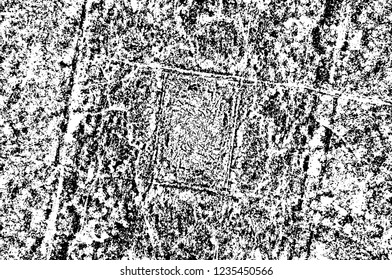 Grunge overlay layer. Abstract black and white vector background. Monochrome vintage surface with dirty pattern in cracks, spots, dots. Old wall in dark horror style design