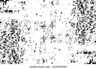 Grunge overlay layer. Abstract black and white vector background. Monochrome vintage surface with dirty pattern in cracks, spots, dots. Old wall in dark horror style design