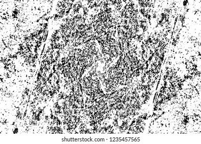 Grunge overlay layer. Abstract black and white vector background. Monochrome vintage surface with dirty pattern in cracks, spots, dots. Old wall in dark horror style design