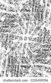 Grunge overlay layer. Abstract black and white vector background. Monochrome vintage surface with dirty pattern in cracks, spots, dots. Old wall in dark horror style design