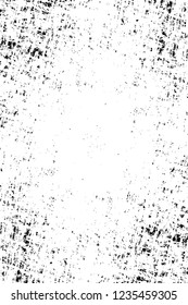 Grunge overlay layer. Abstract black and white vector background. Monochrome vintage surface with dirty pattern in cracks, spots, dots. Old wall in dark horror style design