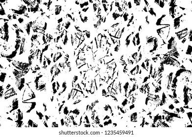 Grunge overlay layer. Abstract black and white vector background. Monochrome vintage surface with dirty pattern in cracks, spots, dots. Old wall in dark horror style design