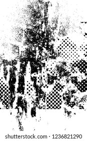 Grunge overlay layer. Abstract black and white vector background. Monochrome vintage surface with dirty pattern in cracks, spots, dots. Old wall in dark horror style design