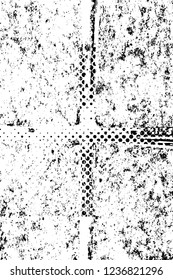 Grunge overlay layer. Abstract black and white vector background. Monochrome vintage surface with dirty pattern in cracks, spots, dots. Old wall in dark horror style design