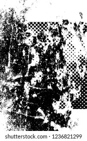 Grunge overlay layer. Abstract black and white vector background. Monochrome vintage surface with dirty pattern in cracks, spots, dots. Old wall in dark horror style design