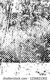 Grunge overlay layer. Abstract black and white vector background. Monochrome vintage surface with dirty pattern in cracks, spots, dots. Old wall in dark horror style design
