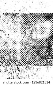 Grunge overlay layer. Abstract black and white vector background. Monochrome vintage surface with dirty pattern in cracks, spots, dots. Old wall in dark horror style design