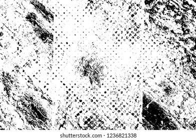 Grunge overlay layer. Abstract black and white vector background. Monochrome vintage surface with dirty pattern in cracks, spots, dots. Old wall in dark horror style design