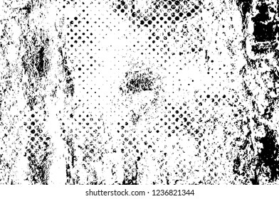 Grunge overlay layer. Abstract black and white vector background. Monochrome vintage surface with dirty pattern in cracks, spots, dots. Old wall in dark horror style design