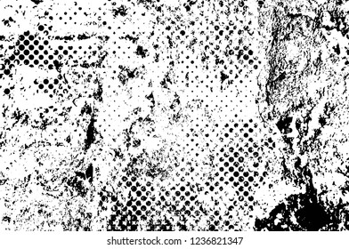 Grunge overlay layer. Abstract black and white vector background. Monochrome vintage surface with dirty pattern in cracks, spots, dots. Old wall in dark horror style design