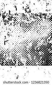 Grunge overlay layer. Abstract black and white vector background. Monochrome vintage surface with dirty pattern in cracks, spots, dots. Old wall in dark horror style design