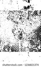 Grunge overlay layer. Abstract black and white vector background. Monochrome vintage surface with dirty pattern in cracks, spots, dots. Old wall in dark horror style design
