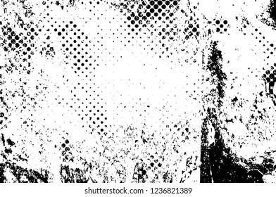 Grunge overlay layer. Abstract black and white vector background. Monochrome vintage surface with dirty pattern in cracks, spots, dots. Old wall in dark horror style design
