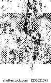 Grunge overlay layer. Abstract black and white vector background. Monochrome vintage surface with dirty pattern in cracks, spots, dots. Old wall in dark horror style design