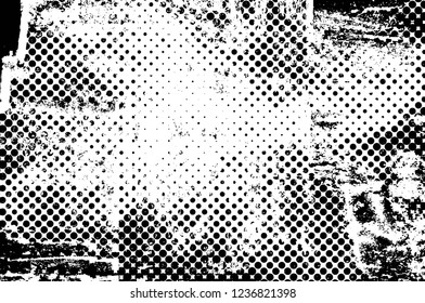 Grunge overlay layer. Abstract black and white vector background. Monochrome vintage surface with dirty pattern in cracks, spots, dots. Old wall in dark horror style design