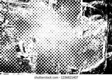 Grunge overlay layer. Abstract black and white vector background. Monochrome vintage surface with dirty pattern in cracks, spots, dots. Old wall in dark horror style design