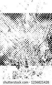 Grunge overlay layer. Abstract black and white vector background. Monochrome vintage surface with dirty pattern in cracks, spots, dots. Old wall in dark horror style design