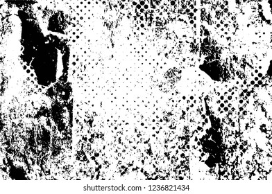 Grunge overlay layer. Abstract black and white vector background. Monochrome vintage surface with dirty pattern in cracks, spots, dots. Old wall in dark horror style design