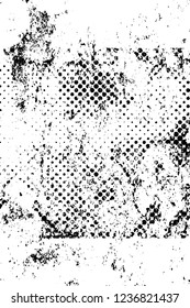 Grunge overlay layer. Abstract black and white vector background. Monochrome vintage surface with dirty pattern in cracks, spots, dots. Old wall in dark horror style design