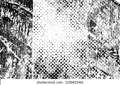 Grunge overlay layer. Abstract black and white vector background. Monochrome vintage surface with dirty pattern in cracks, spots, dots. Old wall in dark horror style design