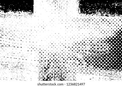 Grunge overlay layer. Abstract black and white vector background. Monochrome vintage surface with dirty pattern in cracks, spots, dots. Old wall in dark horror style design