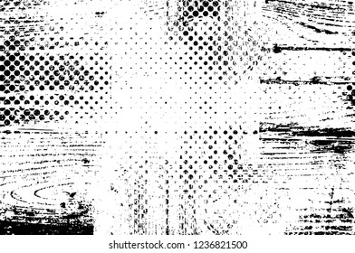 Grunge overlay layer. Abstract black and white vector background. Monochrome vintage surface with dirty pattern in cracks, spots, dots. Old wall in dark horror style design