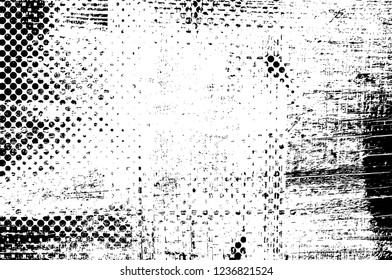 Grunge overlay layer. Abstract black and white vector background. Monochrome vintage surface with dirty pattern in cracks, spots, dots. Old wall in dark horror style design