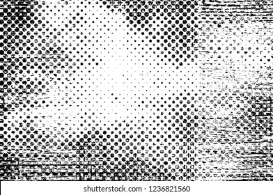 Grunge overlay layer. Abstract black and white vector background. Monochrome vintage surface with dirty pattern in cracks, spots, dots. Old wall in dark horror style design