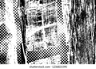 Grunge overlay layer. Abstract black and white vector background. Monochrome vintage surface with dirty pattern in cracks, spots, dots. Old wall in dark horror style design