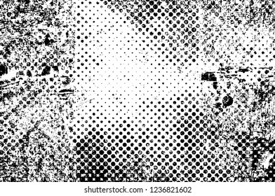 Grunge overlay layer. Abstract black and white vector background. Monochrome vintage surface with dirty pattern in cracks, spots, dots. Old wall in dark horror style design