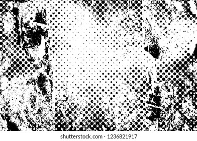 Grunge overlay layer. Abstract black and white vector background. Monochrome vintage surface with dirty pattern in cracks, spots, dots. Old wall in dark horror style design