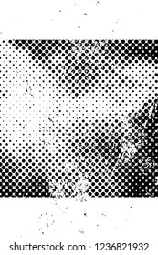 Grunge overlay layer. Abstract black and white vector background. Monochrome vintage surface with dirty pattern in cracks, spots, dots. Old wall in dark horror style design