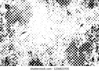 Grunge overlay layer. Abstract black and white vector background. Monochrome vintage surface with dirty pattern in cracks, spots, dots. Old wall in dark horror style design
