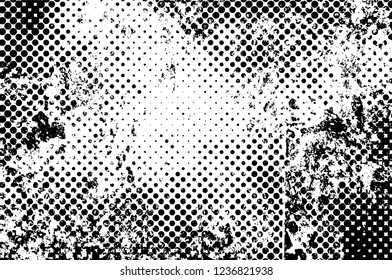 Grunge overlay layer. Abstract black and white vector background. Monochrome vintage surface with dirty pattern in cracks, spots, dots. Old wall in dark horror style design